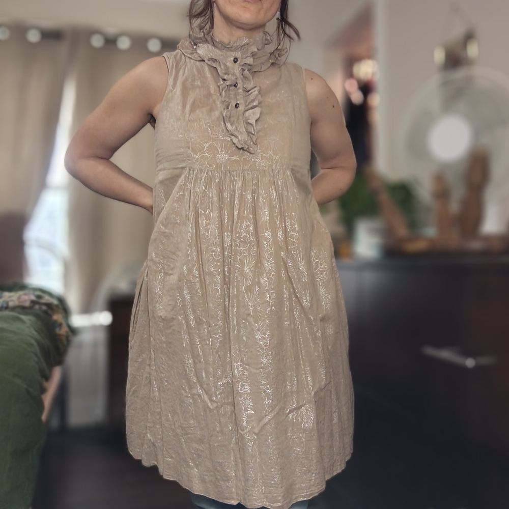 Elegant Tan Sleeveless Cotton Dress With Ruffles